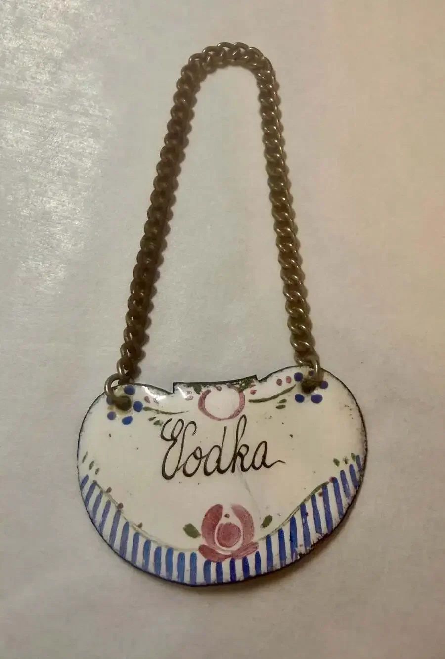Set of 4 Antique French Hand-Painted Enamel Decanter Labels with Chains